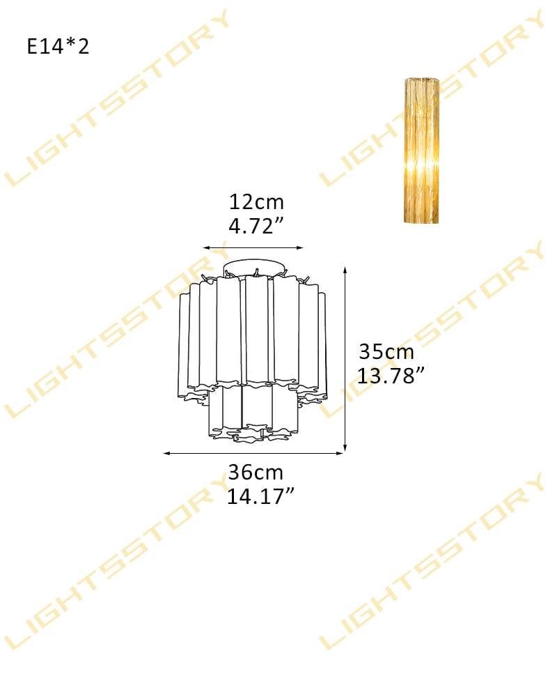 Cortina Series Geometric Flush Mount Ceiling Lamp | Star-Shaped Hand-blown authentic Murano glass tubes, Elegant gold accents for Dining Rooms and Living Areas 2 light -D36*H35CM D14.17"*H13.78"(8 tubes) Gold + Amber Glass Modern Ceiling lamp