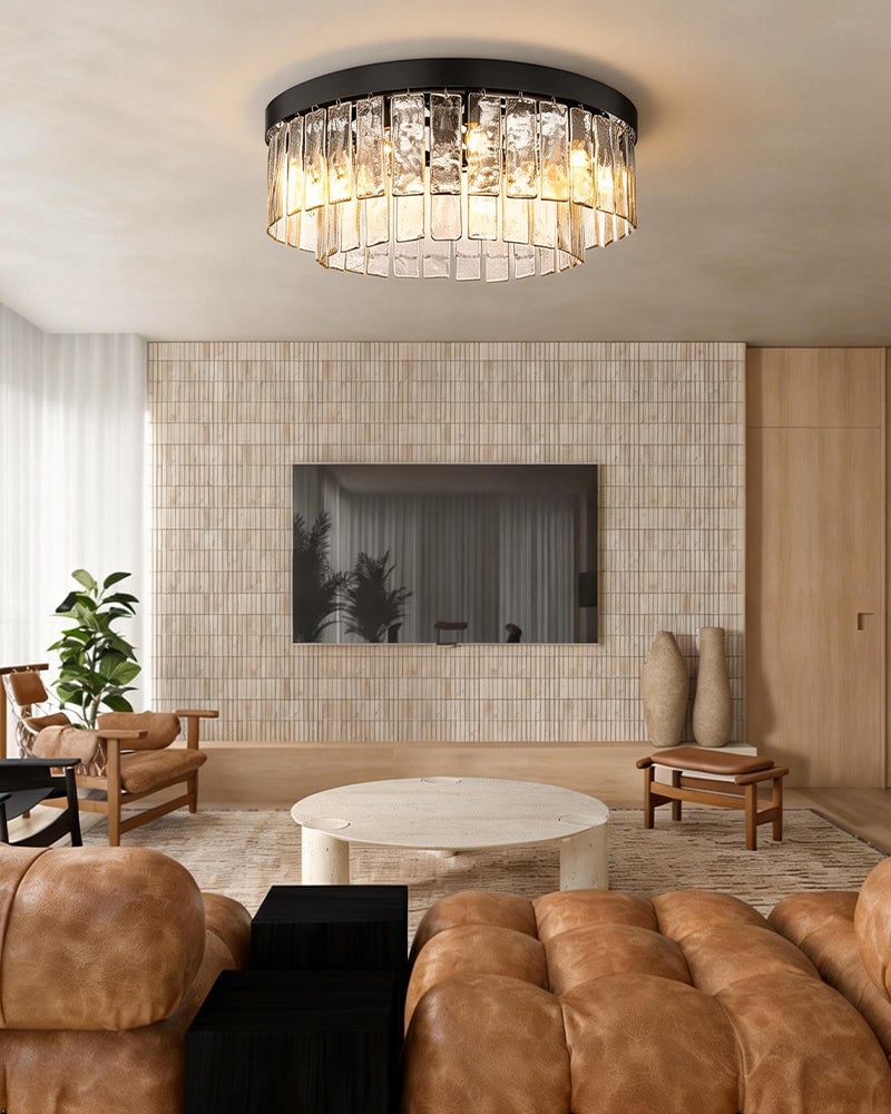 Courmayeur Series Prismatic Chandelier | Double Tier Drum Hammered water glass shade with durable metal frame, Matte Black and White Gold for Foyer Entrances and Dining Rooms Flush Mounted Ceiling Lamp