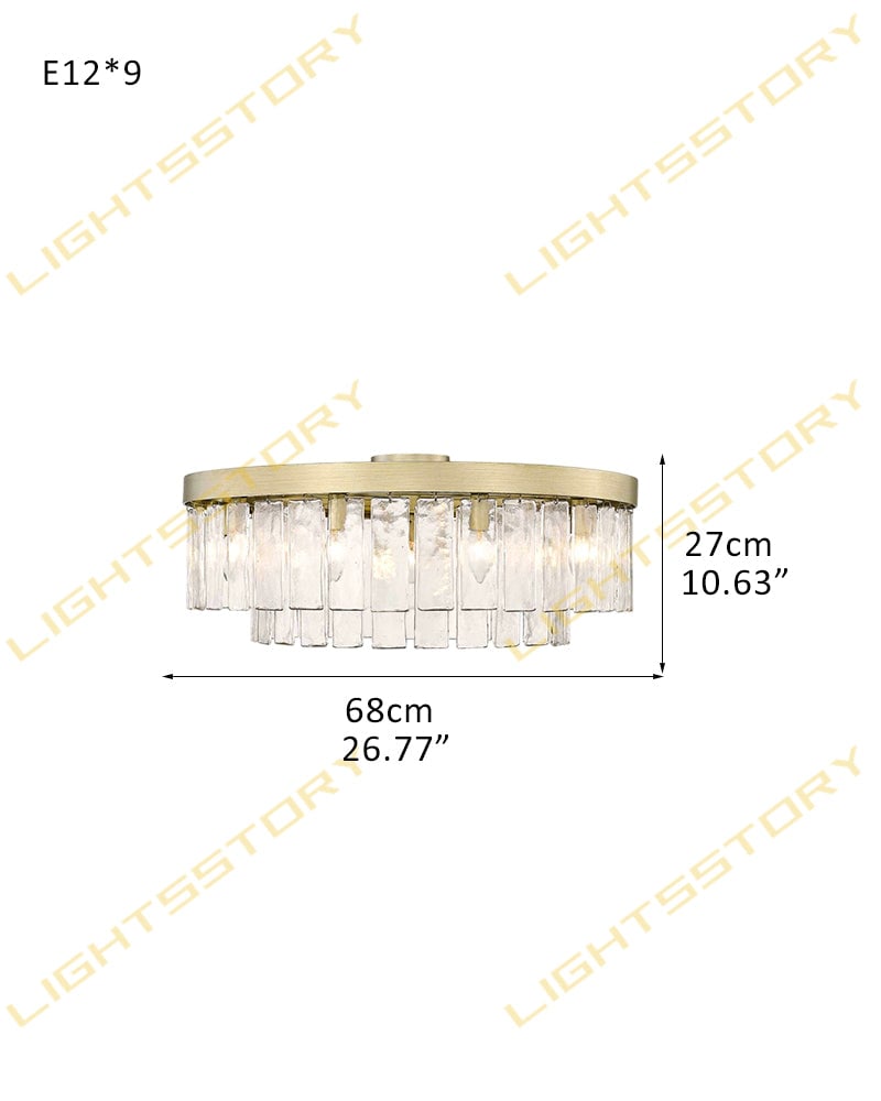 Courmayeur Series Prismatic Chandelier | Double Tier Drum Hammered water glass shade with durable metal frame, Matte Black and White Gold for Foyer Entrances and Dining Rooms 6-light-D106*H25CM D41.73"*H9.84" Gold + Clear Glass Flush Mounted Ceiling Lamp