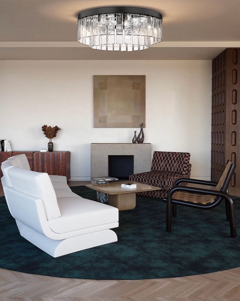 Courmayeur Series Prismatic Chandelier | Double Tier Drum Hammered water glass shade with durable metal frame, Matte Black and White Gold for Foyer Entrances and Dining Rooms Flush Mounted Ceiling Lamp
