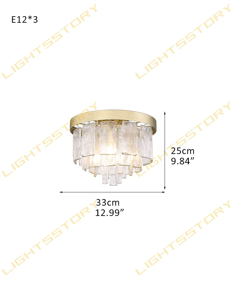 Courmayeur Series Prismatic Chandelier | Double Tier Drum Hammered water glass shade with durable metal frame, Matte Black and White Gold for Foyer Entrances and Dining Rooms 3-light-D33*H25CM D12.99"*H9.84" Gold + Clear Glass Flush Mounted Ceiling Lamp