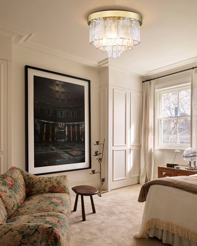 Courmayeur Series Prismatic Chandelier | Double Tier Drum Hammered water glass shade with durable metal frame, Matte Black and White Gold for Foyer Entrances and Dining Rooms Flush Mounted Ceiling Lamp