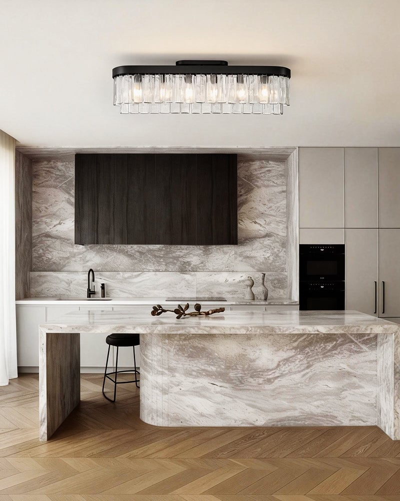 Courmayeur Series Prismatic Chandelier | Double Tier Drum Hammered water glass shade with durable metal frame, Matte Black and White Gold for Foyer Entrances and Dining Rooms Flush Mounted Ceiling Lamp