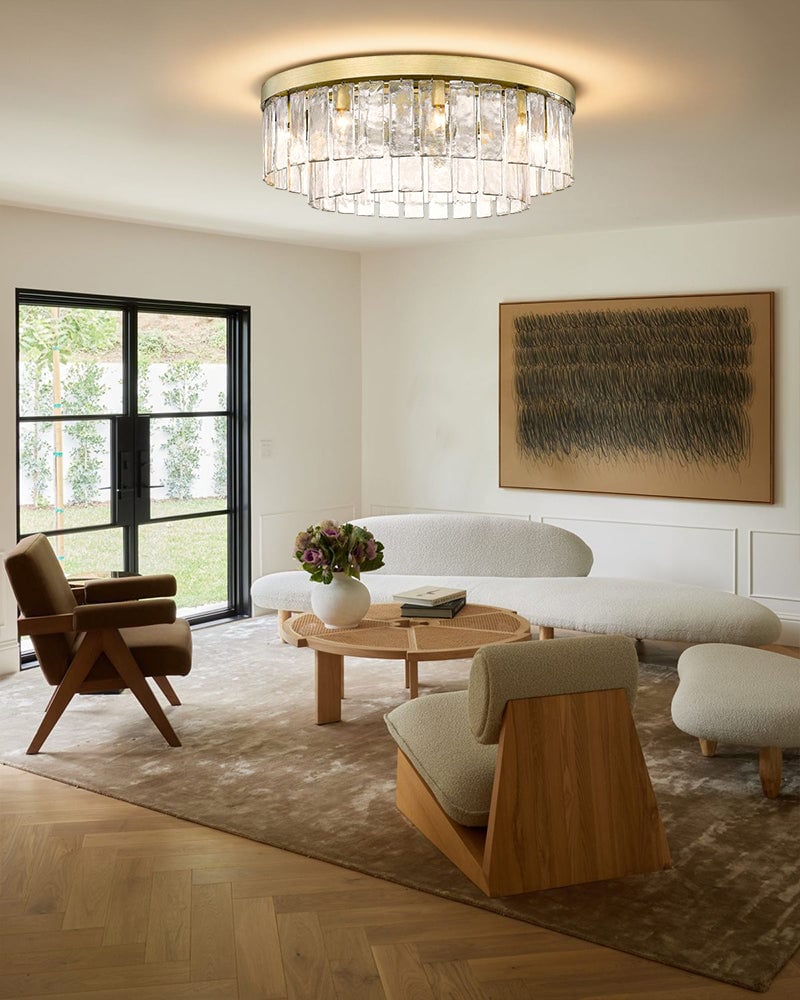 Courmayeur Series Prismatic Chandelier | Double Tier Drum Hammered water glass shade with durable metal frame, Matte Black and White Gold for Foyer Entrances and Dining Rooms Flush Mounted Ceiling Lamp