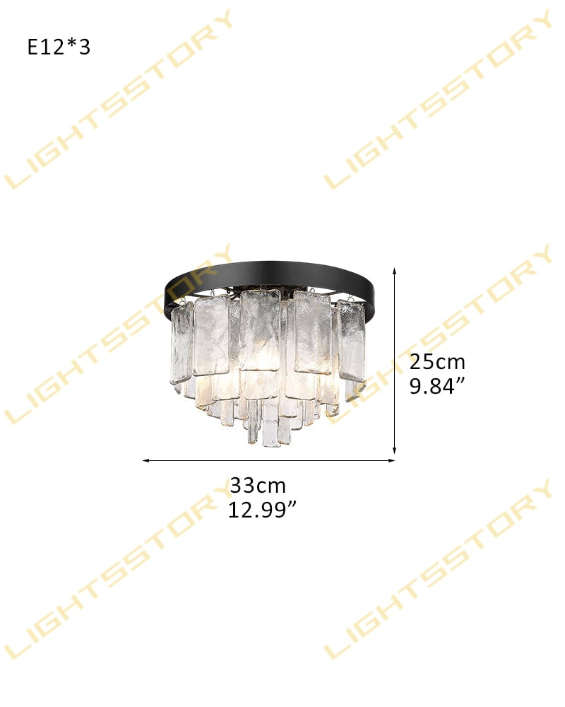 Courmayeur Series Prismatic Chandelier | Double Tier Drum Hammered water glass shade with durable metal frame, Matte Black and White Gold for Foyer Entrances and Dining Rooms 3-light-D33*H25CM D12.99"*H9.84" Black + Clear Glass Flush Mounted Ceiling Lamp
