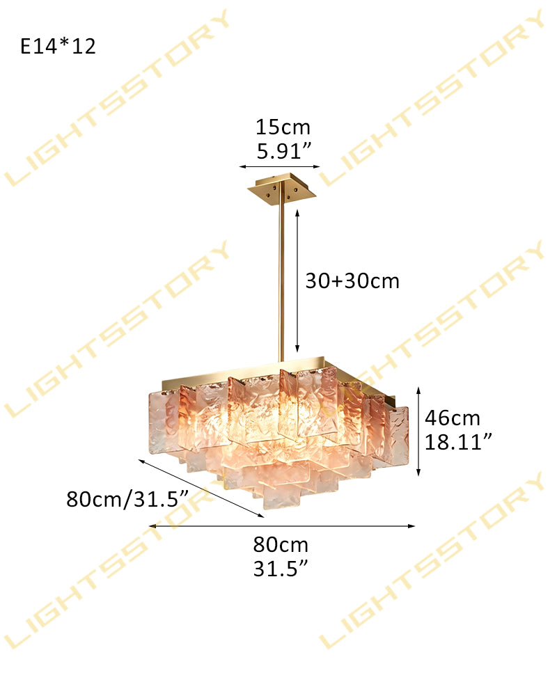 Cassis Murano Glass Multi Tiered Ghiaccio Linear Chandelier - Artisanal Textured Pink Glass, Serene Brass Trim - Kitchen Islands & Dining Rooms