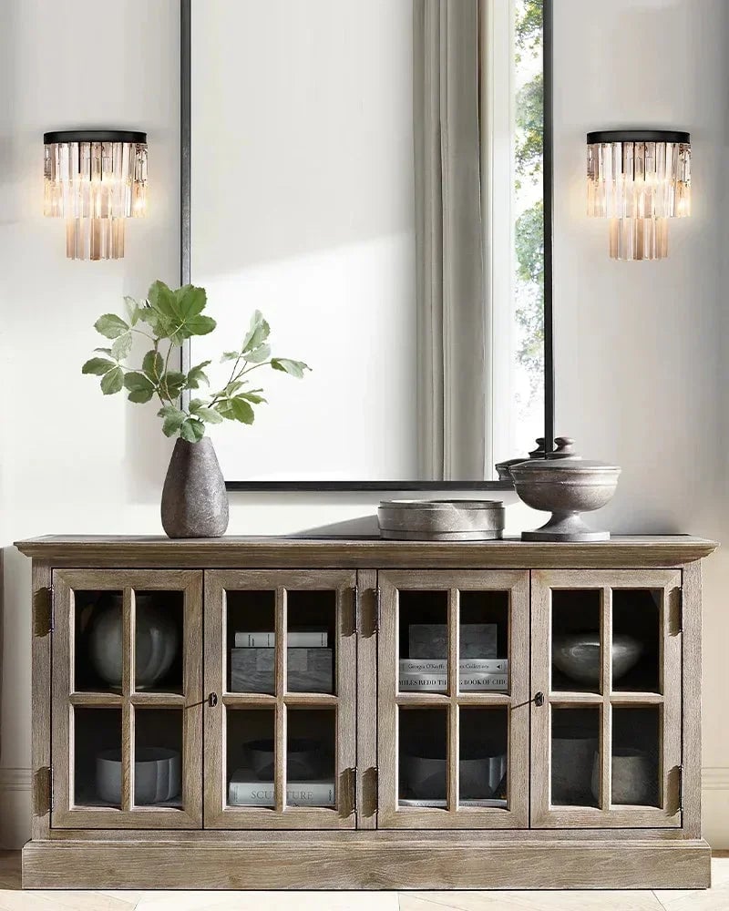 Deauville Series Prismatic Wall Sconce | 2-Tier Cascading Crystal Polished metal frame with high-clarity cascading crystals, Black Brass finish for Hallways, bedrooms, and accent walls Flush Mounted Wall Sconce Lamp