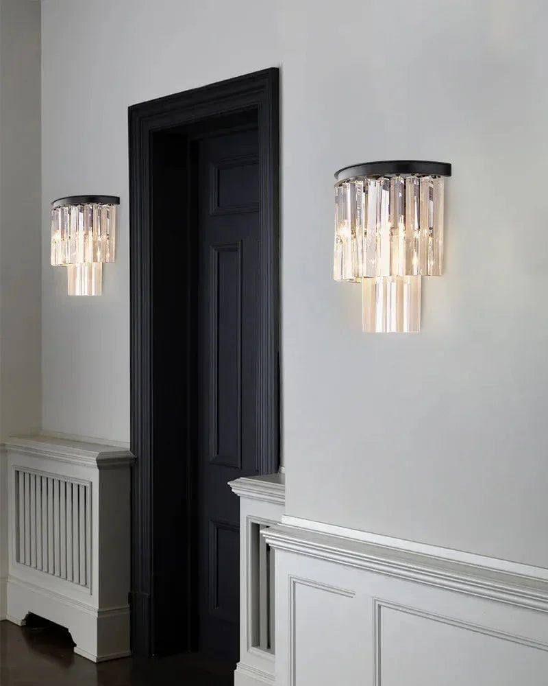 Deauville Series Prismatic Wall Sconce | 2-Tier Cascading Crystal Polished metal frame with high-clarity cascading crystals, Black Brass finish for Hallways, bedrooms, and accent walls Flush Mounted Wall Sconce Lamp