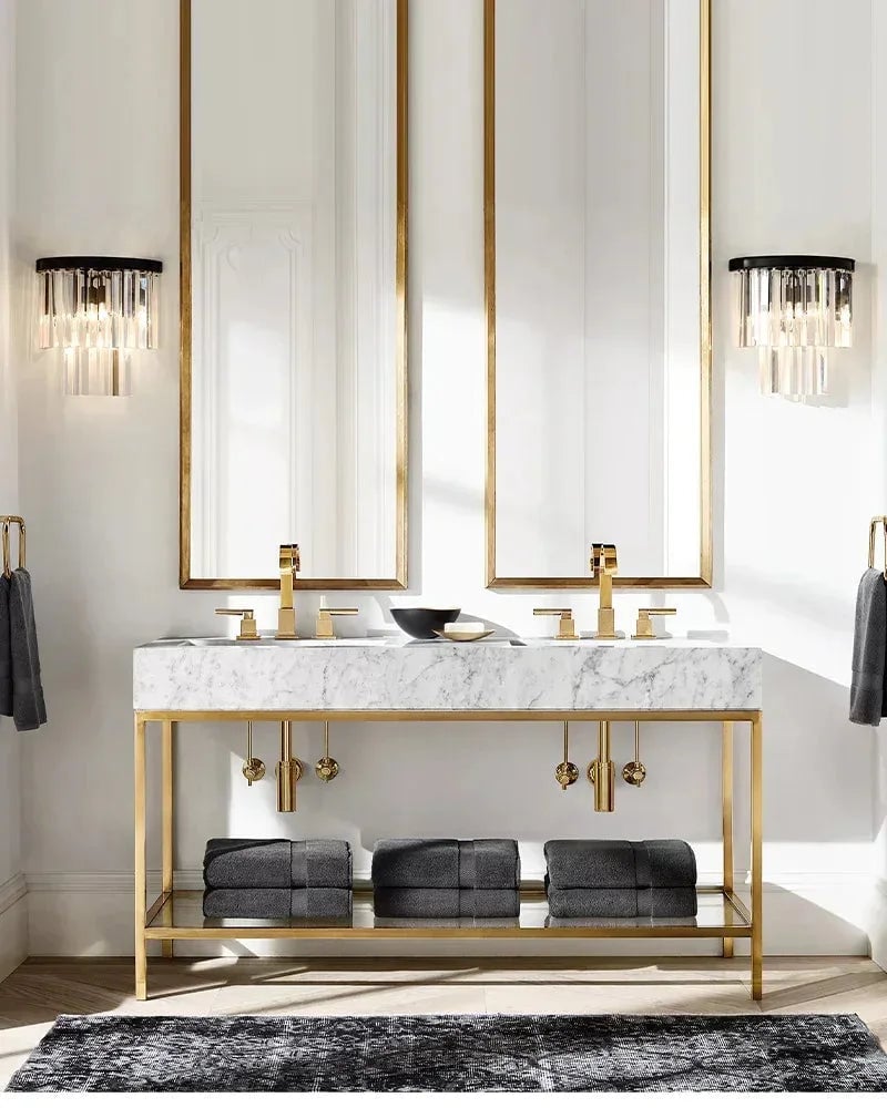 Deauville Series Prismatic Wall Sconce | 2-Tier Cascading Crystal Polished metal frame with high-clarity cascading crystals, Black Brass finish for Hallways, bedrooms, and accent walls Flush Mounted Wall Sconce Lamp