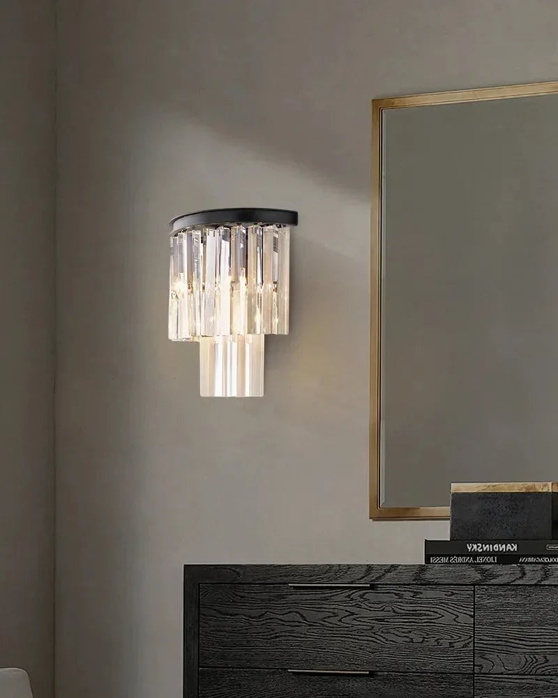 Deauville Series Prismatic Wall Sconce | 2-Tier Cascading Crystal Polished metal frame with high-clarity cascading crystals, Black Brass finish for Hallways, bedrooms, and accent walls Flush Mounted Wall Sconce Lamp