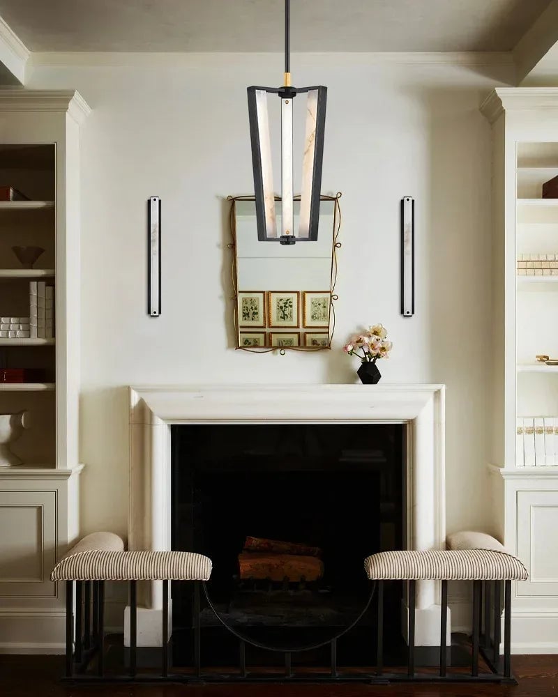 Edgemere Series Geometric Linear Pendant Light | Linear Architectural Natural Alabaster Light Panels, Modern Brass and Black finish for Kitchen Islands and Dining Rooms Modern Pendant lamp