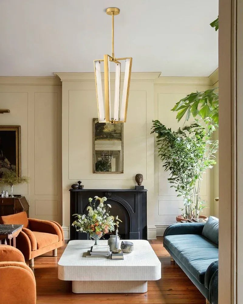 Edgemere Series Geometric Pendant Light | Architectural Silhouette Rectangular Alabaster Panels, Premium Brass finish for Modern Dining Rooms and Kitchen Islands Modern Pendant lamp