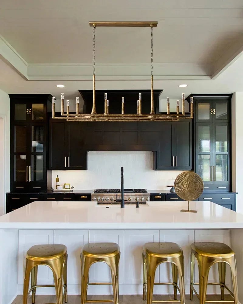 Elmsworth Series Architectural Linear Chandelier | Hand-Hammered Linear Hand-Forged Raw Iron, Bold Matte Black for Dining Rooms and Open Concept Spaces American Vintage chandelier lamp