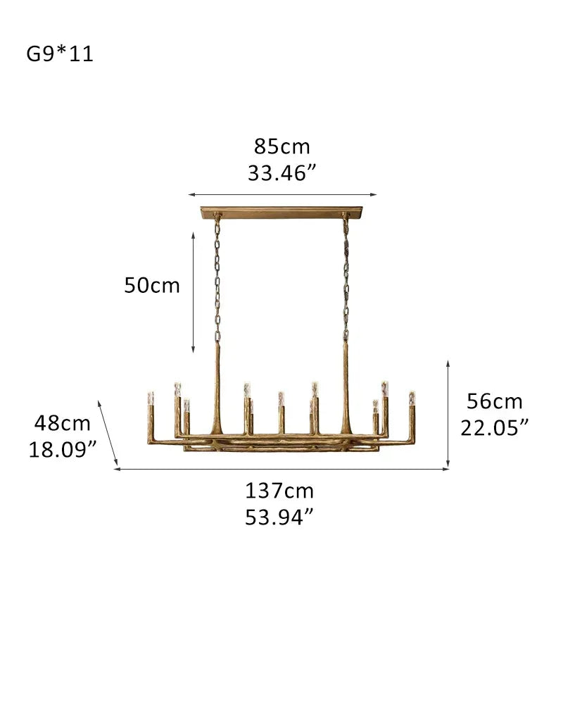 Elmsworth Series Architectural Linear Chandelier | Hand-Hammered Linear Hand-Forged Raw Iron, Bold Matte Black for Dining Rooms and Open Concept Spaces 11-light-L137*W48*H56CM L53.94“*W18.9“*H22.05" Brass American Vintage chandelier lamp
