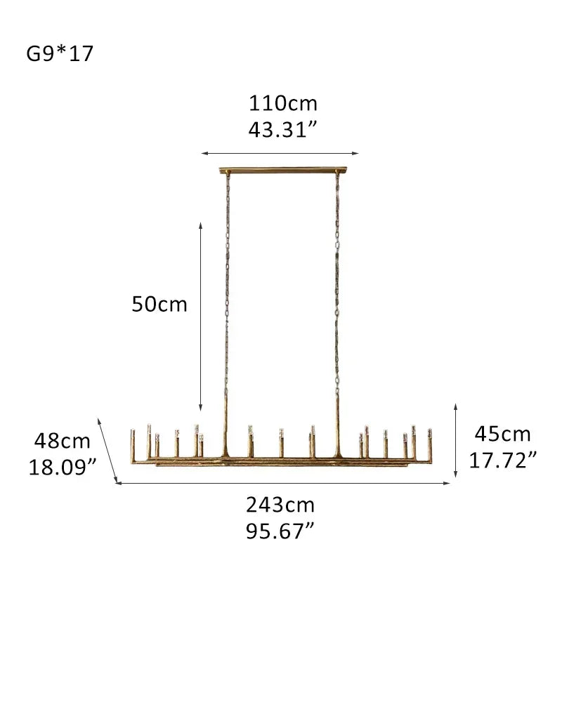 Elmsworth Series Architectural Linear Chandelier | Hand-Hammered Linear Hand-Forged Raw Iron, Bold Matte Black for Dining Rooms and Open Concept Spaces 17-light-L243*W48*H48CM L95.67“*W18.9“*H17.72" Brass American Vintage chandelier lamp