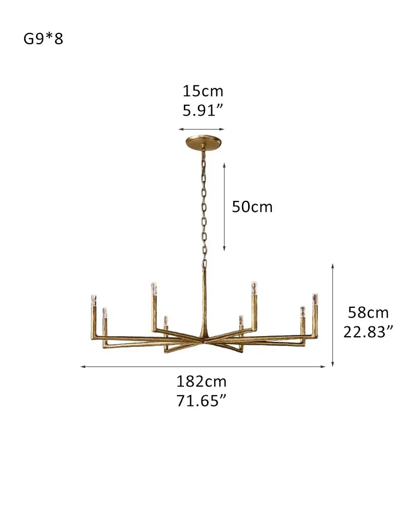 Elmsworth Series Grand Chandelier | Tapered Silhouette Hand-Hammered Forged Wrought Iron, Antique Black or Brushed Copper finish for Great Rooms and Grand Dining Halls 8-light-L182*H58CM L71.65“*H22.83" Brass American Vintage chandelier lamp
