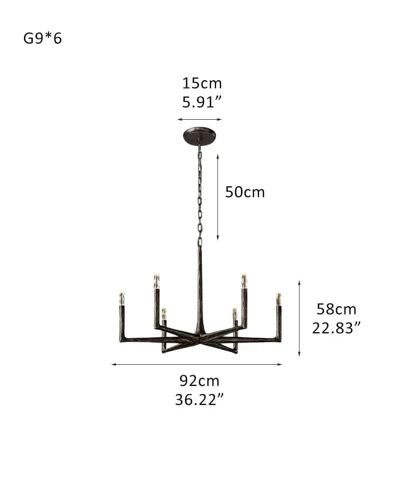 Elmsworth Series Grand Chandelier | Tapered Silhouette Hand-Hammered Forged Wrought Iron, Antique Black or Brushed Copper finish for Great Rooms and Grand Dining Halls 6-light-L92*H58CM L36.22"*H22.83" Black American Vintage chandelier lamp