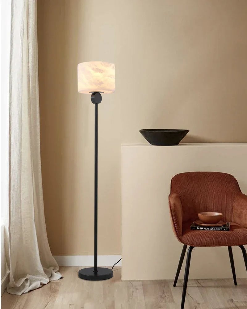 Etruscan Series Geometric Table Lamp | Round/Square Drum Shade Genuine Natural Alabaster, Natural Stone Finish for Bedside Tables and Living Room Accents Vintage Simple Table Lamp