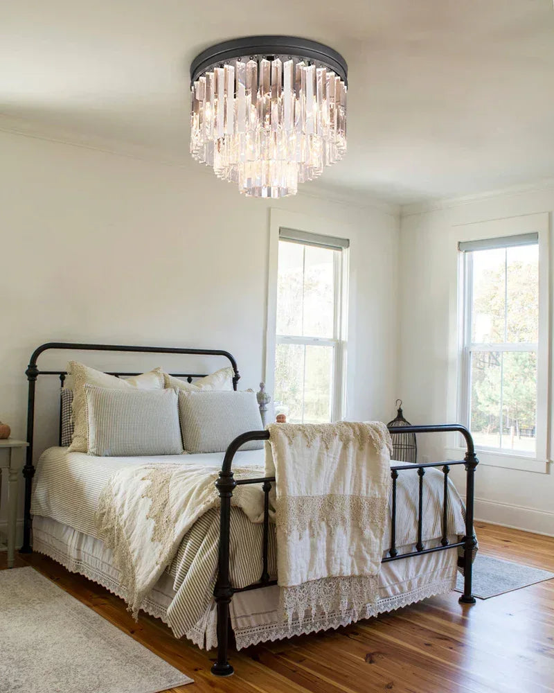 Aurelia Series Prismatic Drum Chandelier | Triple Tier K9 Crystal Pure K9 crystal strips, Premium Gold finish for Grand Foyers and Dining Rooms Flush Mounted Ceiling Lamp