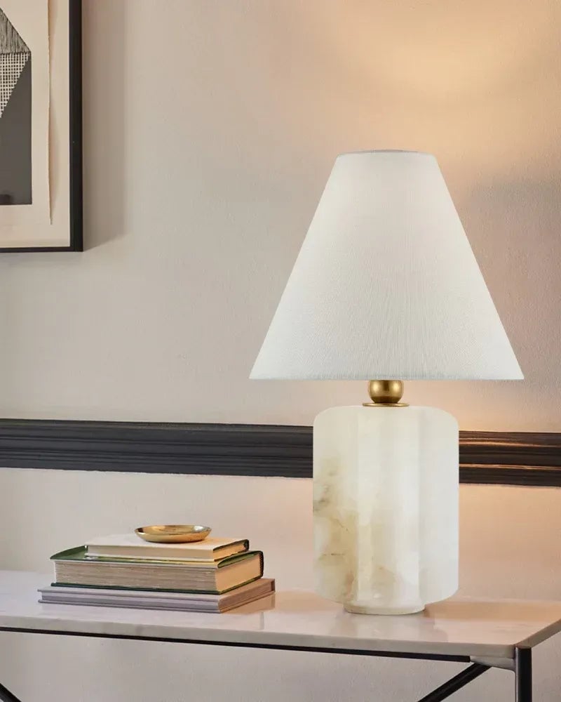 Everly Series Geometric Table Lamp | Drum Silhouette Natural Alabaster and Brass, Polished Brass finish for Living rooms, bedrooms, and home offices Vintage table lamp