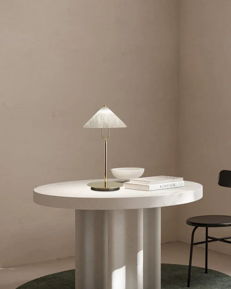 Fuji Series Geometric Table Lamp | Cone Shade Handcrafted natural alabaster stone, Polished brass finish for Living rooms, studies, or transitional spaces Modern Table lamp