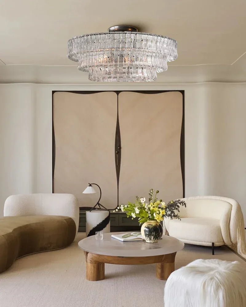 Giverny Series Ethereal Ceiling Light | Tiered Curved Glass Curved Textured Glass and Plated Brass, Plated Brass and Black finish for Living Rooms, Bedrooms, and Entryways Flush Mounted Ceiling Lamp
