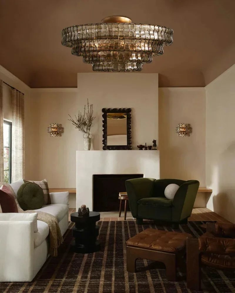 Giverny Series Ethereal Ceiling Light | Tiered Curved Glass Curved Textured Glass and Plated Brass, Plated Brass and Black finish for Living Rooms, Bedrooms, and Entryways Flush Mounted Ceiling Lamp