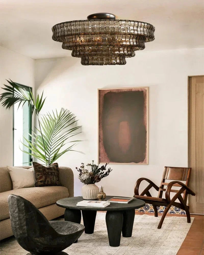 Giverny Series Ethereal Ceiling Light | Tiered Curved Glass Curved Textured Glass and Plated Brass, Plated Brass and Black finish for Living Rooms, Bedrooms, and Entryways Flush Mounted Ceiling Lamp