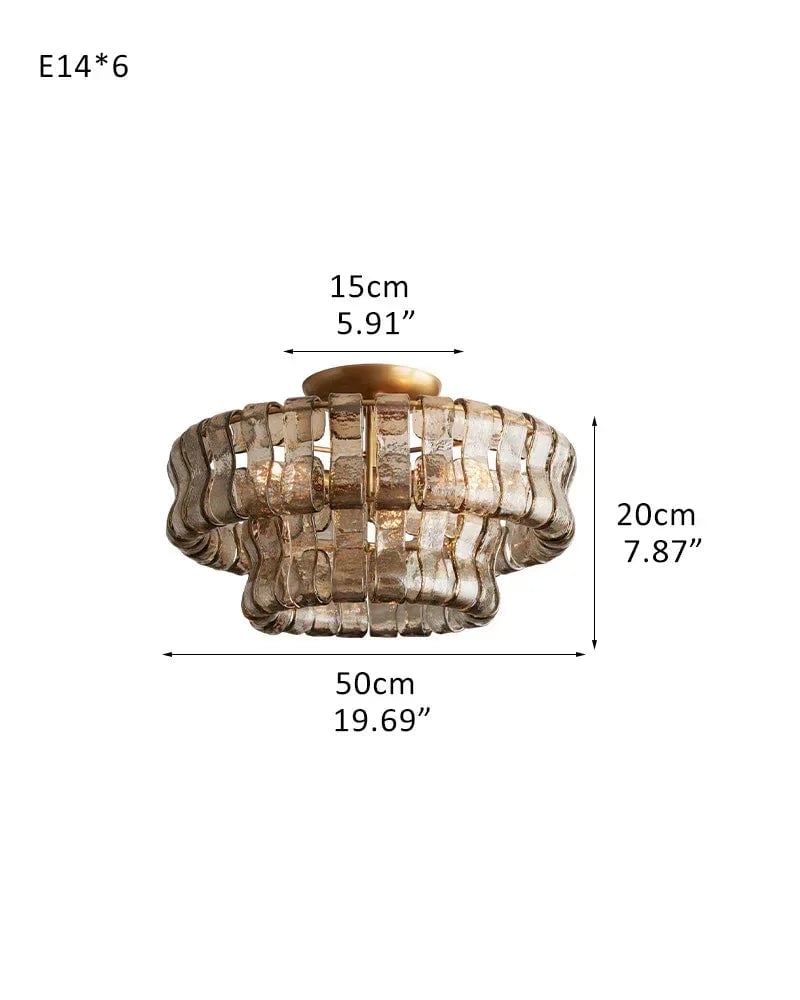Giverny Series Ethereal Ceiling Light | Tiered Curved Glass Curved Textured Glass and Plated Brass, Plated Brass and Black finish for Living Rooms, Bedrooms, and Entryways 2 tier-L50*H20CM L20"*H8"(E14*6) Brass + Smoke Glass Flush Mounted Ceiling Lamp