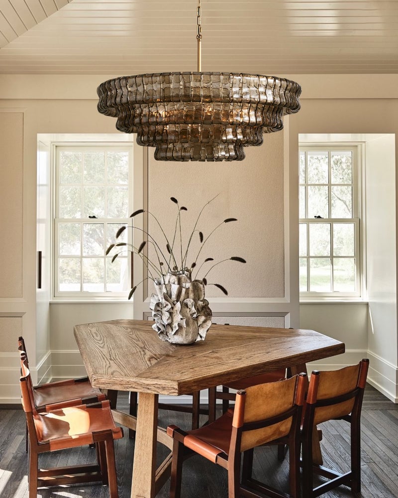 Giverny Series Ethereal Chandelier | Rectangular Tier Chandelier Curved Textured Glass, Plated-Brass and Black for Dining Rooms American chandelier