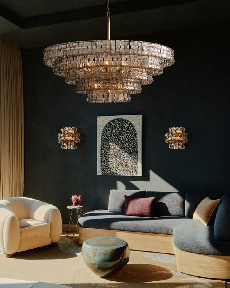 Giverny Series Ethereal Chandelier | Rectangular Tier Chandelier Curved Textured Glass, Plated-Brass and Black for Dining Rooms American chandelier