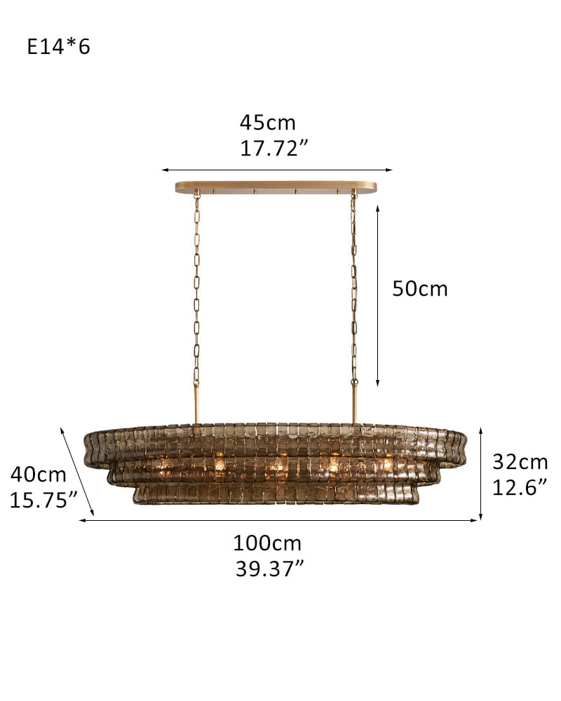 Giverny Series Ethereal Chandelier | Rectangular Tier Chandelier Curved Textured Glass, Plated-Brass and Black for Dining Rooms L100*W40*H32CM D39.37"*W15.75"*H12.6"(3-tier) Brass + Smoke Glass American chandelier