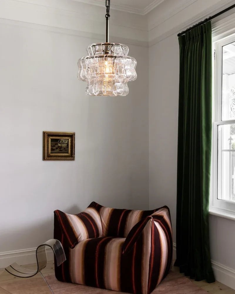 Giverny Series Ethereal Chandelier | Round Profile Curved Textured Glass, Plated-Brass and Black for Dining Rooms and Living Areas American chandelier