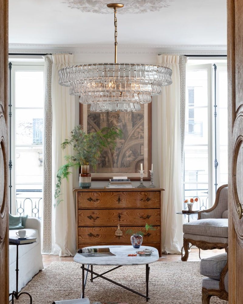 Giverny Series Ethereal Chandelier | Round Tier Chandelier Curved Textured Glass, Plated-Brass and Black for Dining Rooms and Living Areas American chandelier