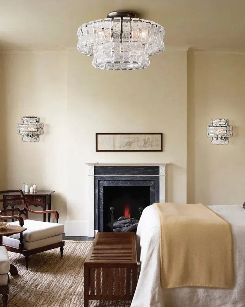 Giverny Series Ethereal Flush Mount Ceiling Light | Multi-Tier Curved Textured Ghiaccio Glass, Plated Brass or Black for Living Rooms, Hallways, and Bedrooms Flush Mounted Ceiling Lamp