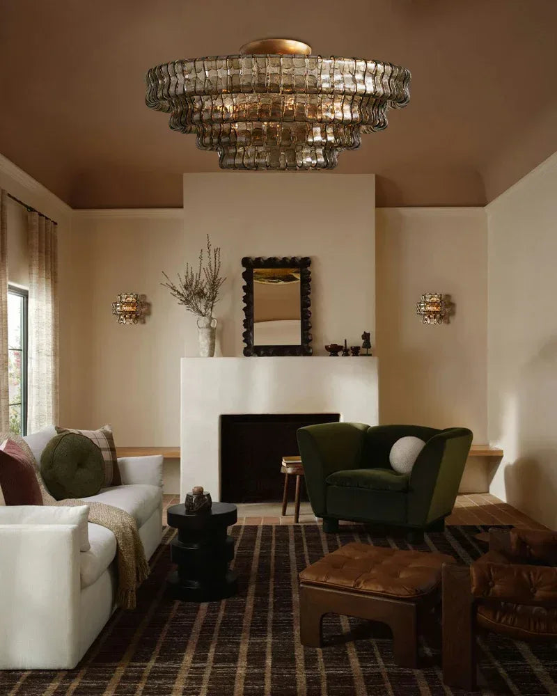 Giverny Series Ethereal Flush Mount Ceiling Light | Multi-Tier Curved Textured Ghiaccio Glass, Plated Brass or Black for Living Rooms, Hallways, and Bedrooms Flush Mounted Ceiling Lamp