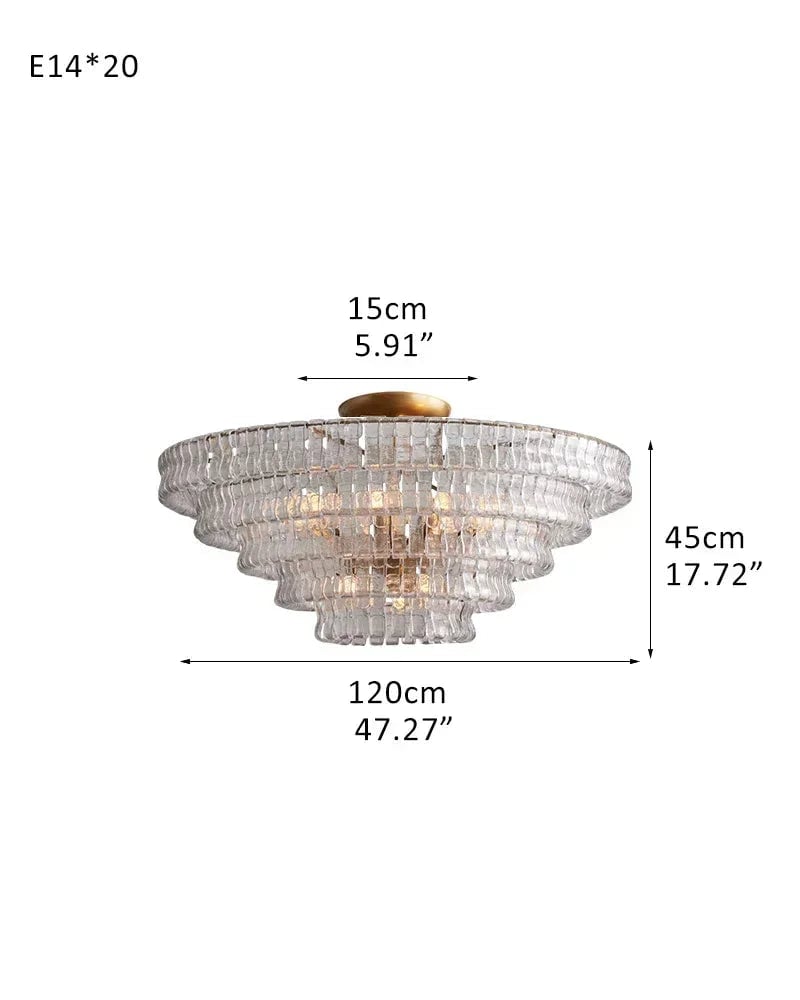 Giverny Series Ethereal Flush Mount Ceiling Light | Multi-Tier Curved Textured Ghiaccio Glass, Plated Brass or Black for Living Rooms, Hallways, and Bedrooms 5 tier-L120*H45CM L47.24"*H17.72"(E14*20) Brass + Transparent Glass Flush Mounted Ceiling Lamp