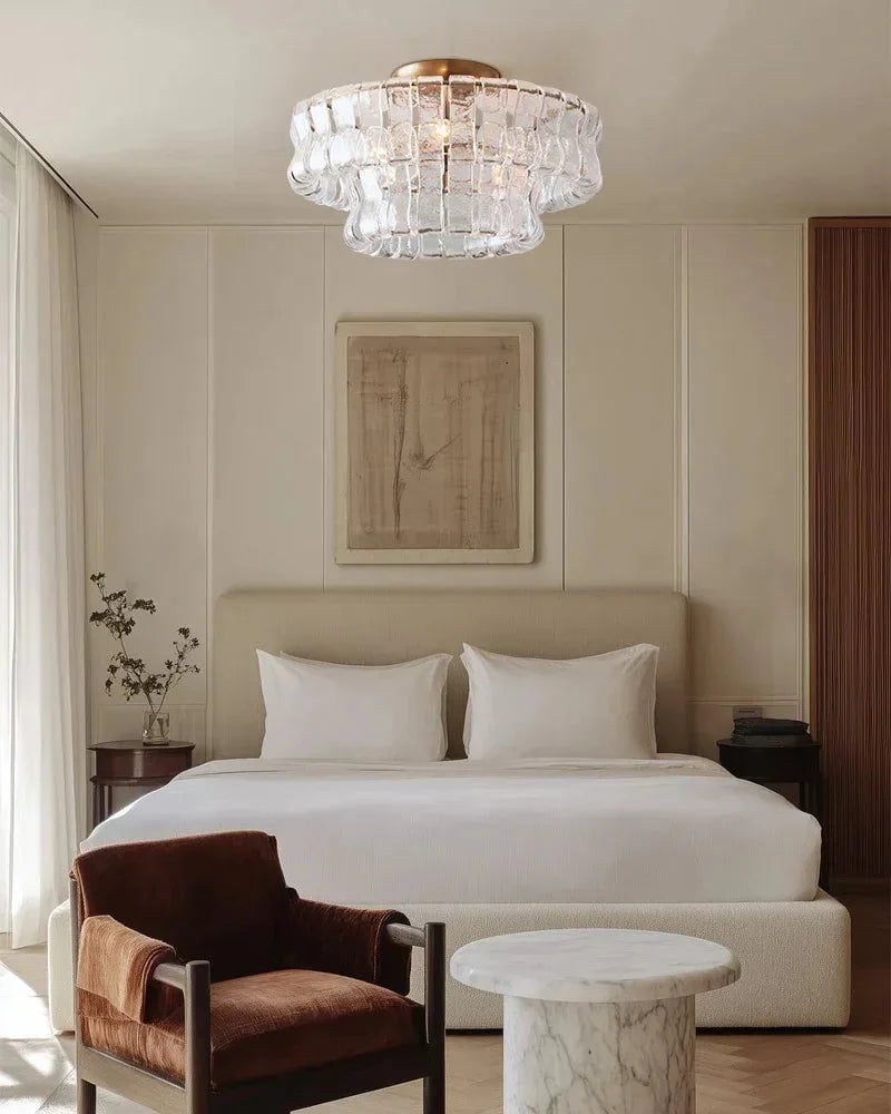 Giverny Series Ethereal Flush Mount Ceiling Light | Multi-Tier Curved Textured Ghiaccio Glass, Plated Brass or Black for Living Rooms, Hallways, and Bedrooms Flush Mounted Ceiling Lamp