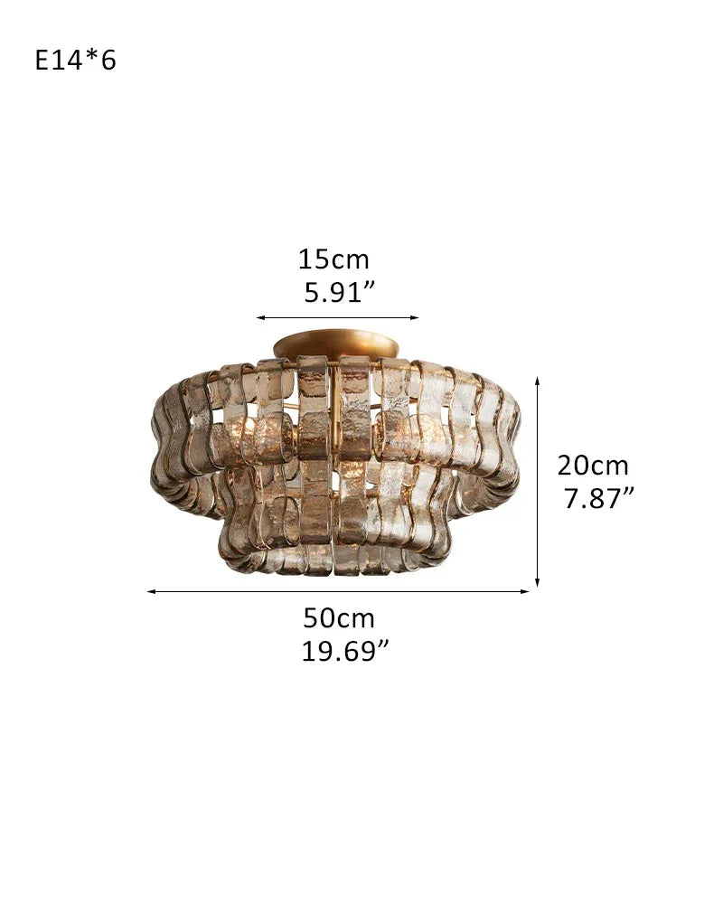 Giverny Series Ethereal Flush Mount Ceiling Light | Multi-Tier Curved Textured Ghiaccio Glass, Plated Brass or Black for Living Rooms, Hallways, and Bedrooms 2 tier-L50*H20CM L19.69"*H7.87"(E14*6) Brass + Smoke Glass Flush Mounted Ceiling Lamp