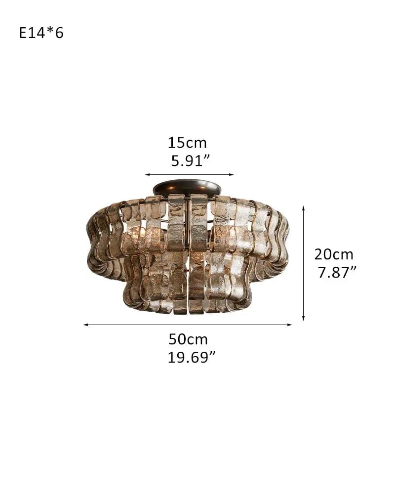 Giverny Series Ethereal Flush Mount Ceiling Light | Multi-Tier Curved Textured Ghiaccio Glass, Plated Brass or Black for Living Rooms, Hallways, and Bedrooms 2 tier-L50*H20CM L19.69"*H7.87"(E14*6) Black + Smoke Glass Flush Mounted Ceiling Lamp