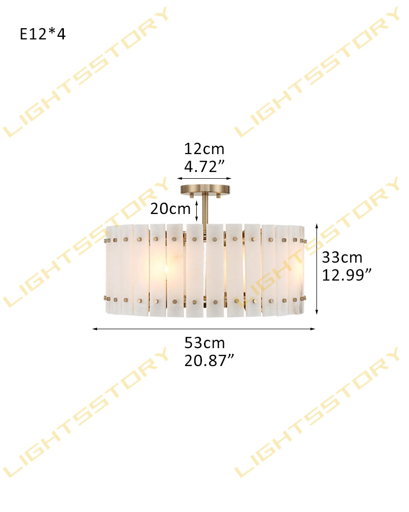 Burton Alabaster Gold Studded Panel Drum Ceiling Light - Natural Spanish Alabaster Panels, Semi Flush Mount, Lux Gold Trim - Bedrooms, Living Rooms & Dining Rooms
