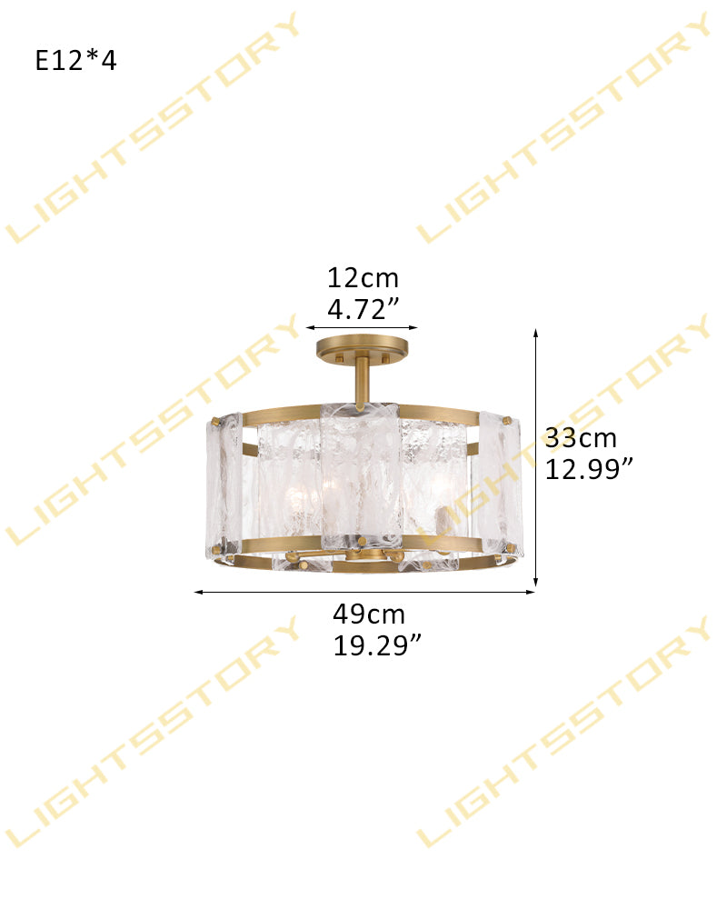 Solstice Ghiaccio Glass Drum Ceiling Light - Semi Flush Mount, Lux Gold Trim - Hallways, Foyers, Dining Rooms & Living Rooms
