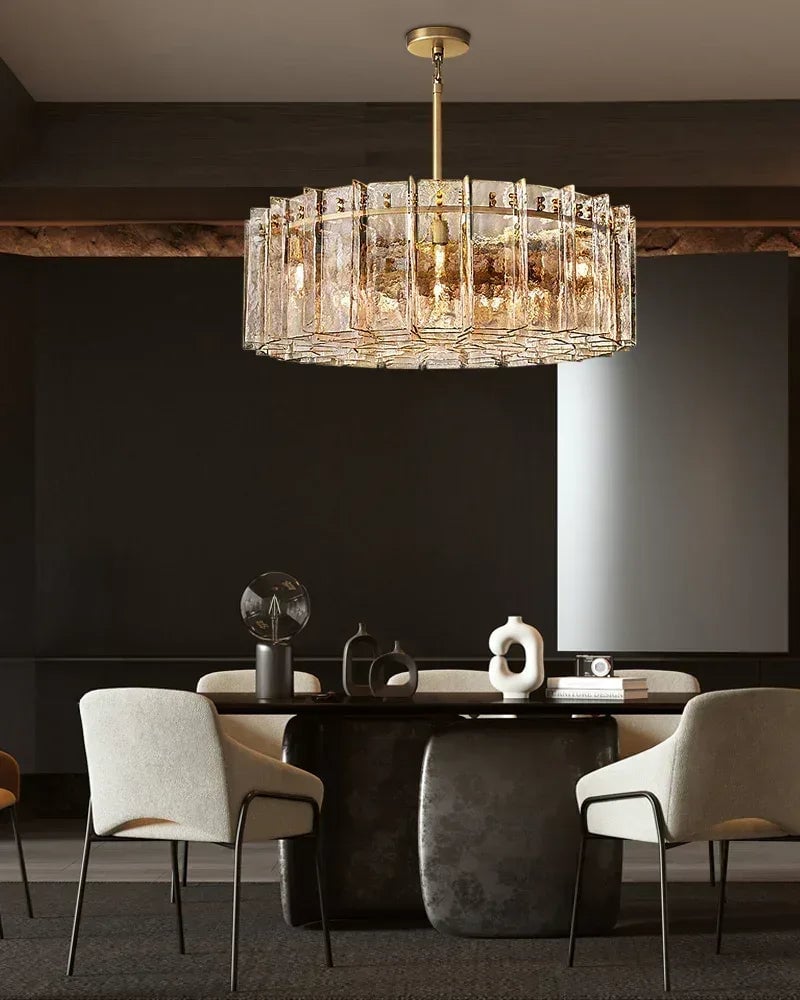 Gordes Series Architectural Chandelier | Four-Layer Glass Clear and smoky corrugated glass with aged brass and black framework, Aged Brass and Black finish for Entryways, dining areas, and lofts American Vintage chandelier lamp