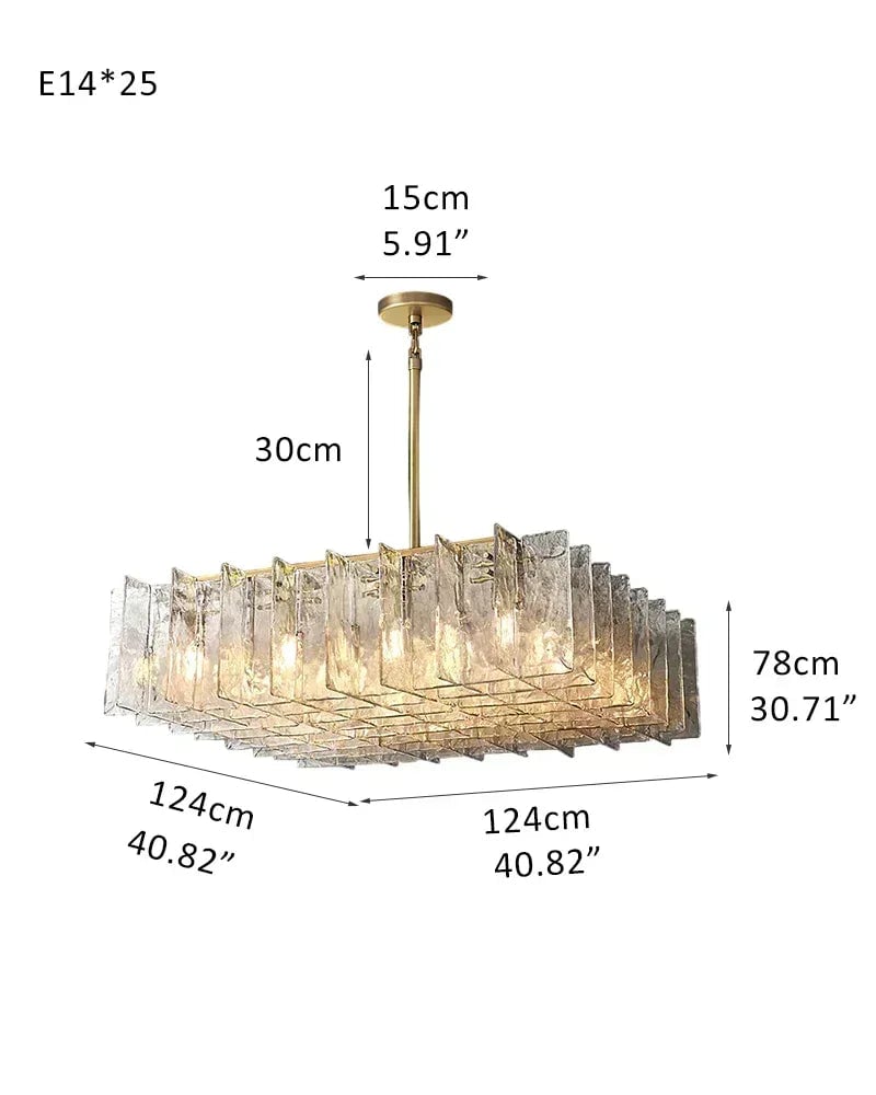 Gordes Series Architectural Chandelier | Rectangular Lattice Clear and smoky corrugated glass with brass and black metal, Brass and Black Metal finish for Dining areas, entryways, and lofts 25-light-L124*W124*H39cm D48.82*W48.82*H15.35"-S Brass + Transparent Glass American Vintage chandelier lamp