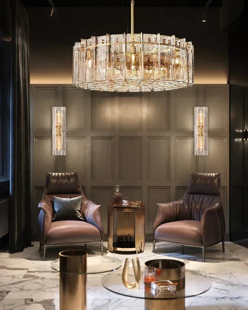 Gordes Series Architectural Chandelier | Rectangular Lattice Clear and smoky corrugated glass with brass and black metal, Brass and Black Metal finish for Dining areas, entryways, and lofts American Vintage chandelier lamp