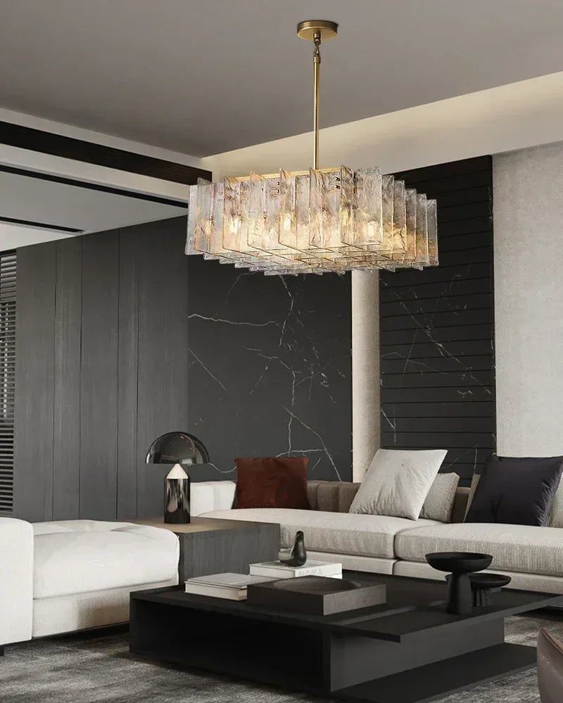 Gordes Series Architectural Chandelier | Rectangular Lattice Clear and smoky corrugated glass with brass and black metal, Brass and Black Metal finish for Dining areas, entryways, and lofts American Vintage chandelier lamp