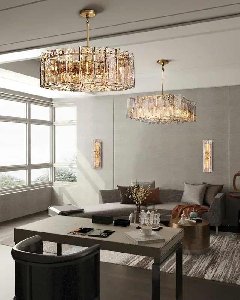 Gordes Series Architectural Chandelier | Rectangular Lattice Clear and smoky corrugated glass with brass and black metal, Brass and Black Metal finish for Dining areas, entryways, and lofts American Vintage chandelier lamp