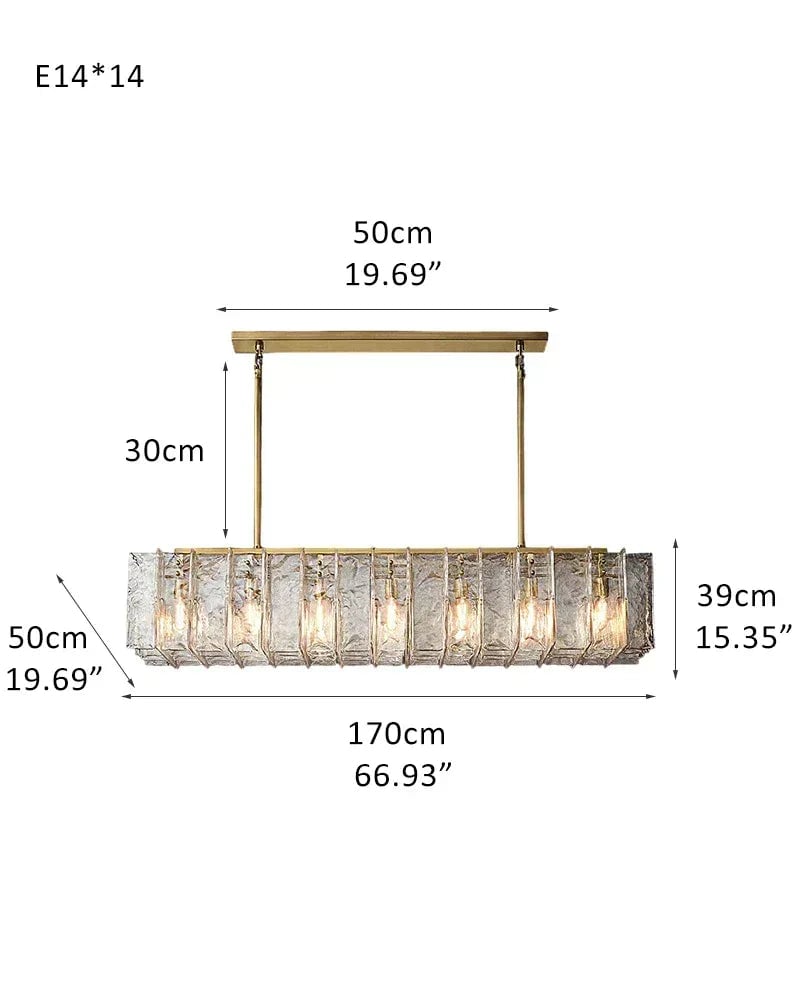 Gordes Series Architectural Chandelier | Rectangular Lattice Clear and smoky corrugated glass with brass and black metal, Brass and Black Metal finish for Dining areas, entryways, and lofts 14-light-L170*W50*H39cm D66.93*W19.69*H15.35"-L Brass + Transparent Glass American Vintage chandelier lamp