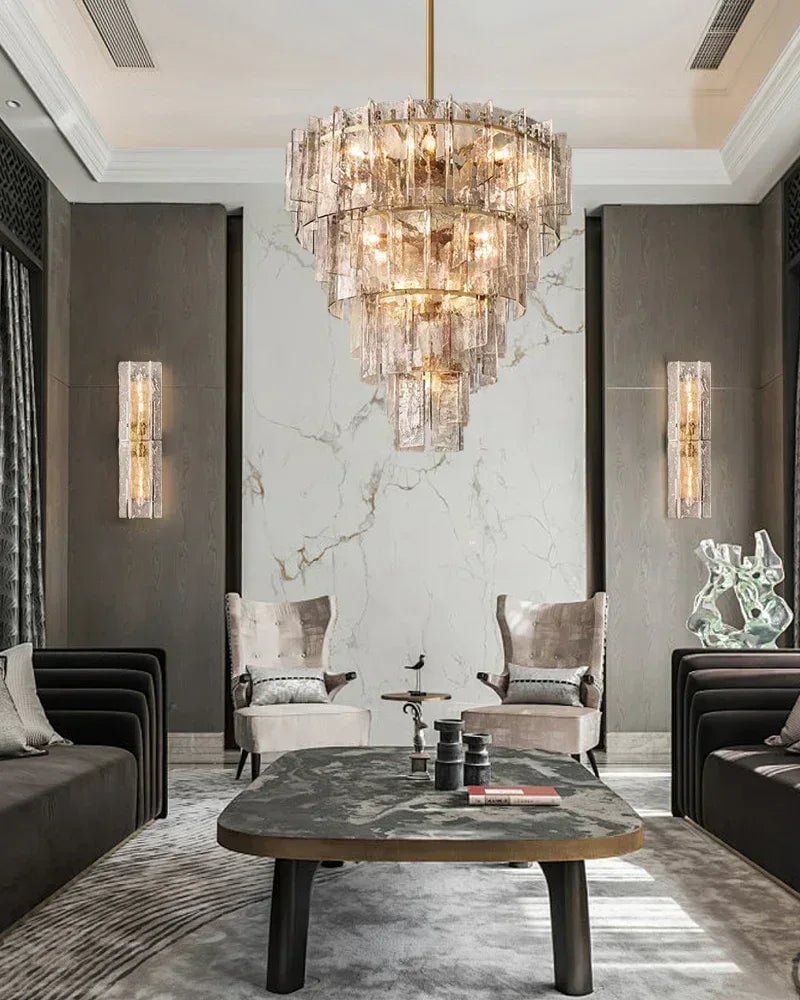 Gordes Series Architectural Chandelier | Rectangular Lattice Clear and smoky corrugated glass with brass and black metal, Brass and Black Metal finish for Dining areas, entryways, and lofts American Vintage chandelier lamp
