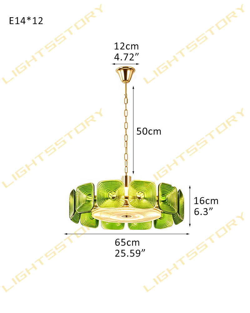 Emerald Green Ghiaccio Glass Halo Ring Chandelier - Emerald Glass, Lux Brass Trim - Living Rooms, Bedrooms, Dining Rooms